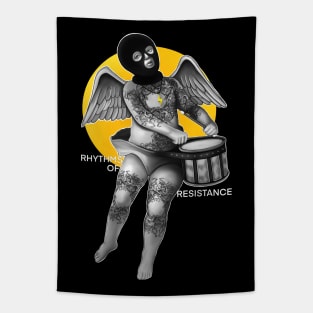 Tattoed riot angel with drum Rhythms of resistance Tapestry