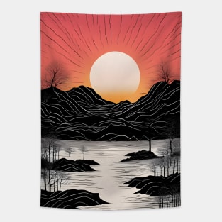 Japanese style landscape with sunset Tapestry