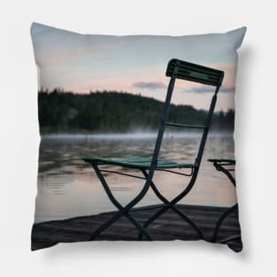 Two Chairs on pier. Amazing shot of the Ferchensee lake in Bavaria, Germany. Scenic foggy morning scenery at sunrise. Pillow