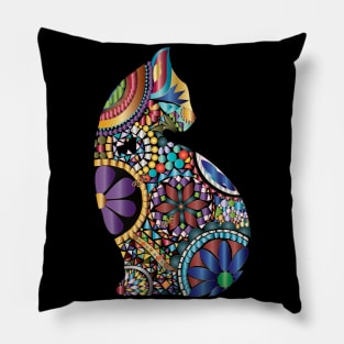 Mosaic colorful cat with dragonfly Pillow