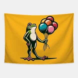 A frog holding a bunch of colorful balloons Tapestry