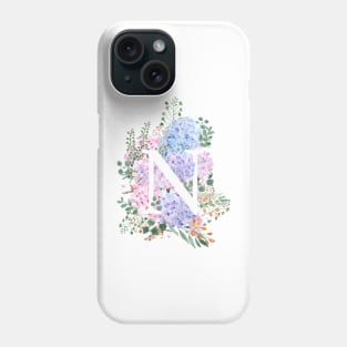 botanical monogram alphabet N hydrangea flowers Phone Case