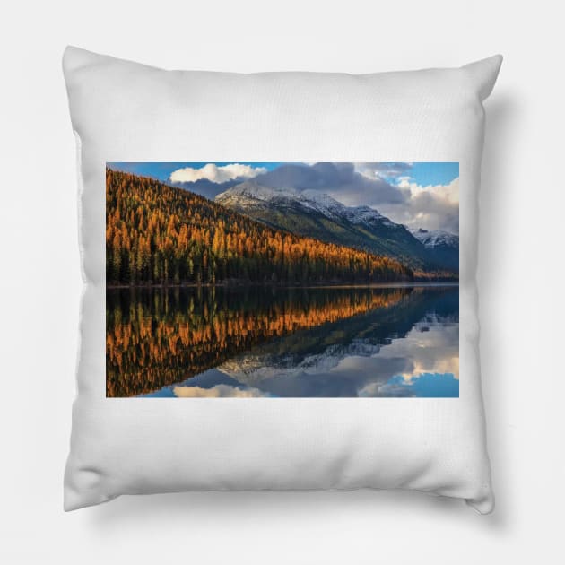 Mountain Peaks Reflect Into Bowman Lake In Autumn Glacier National Park Pillow by HammiltenJohn