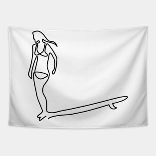 one line surfer girl hanging ten on a longboard Tapestry