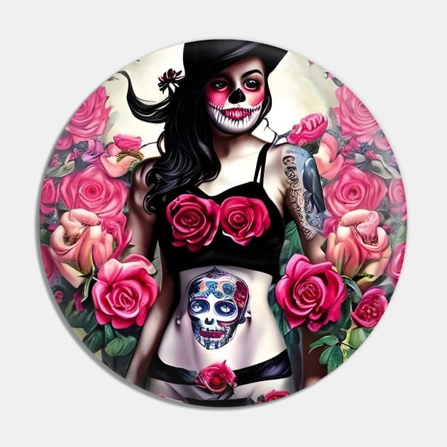 Tattooed Goth Pin Up Girl with Roses Pin by animegirlnft