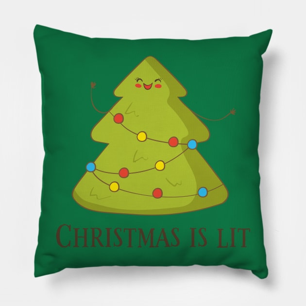 Christmas Is Lit, Funny Cute Christmas Tree Pillow by Dreamy Panda Designs