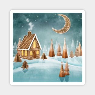 Gingerbread house moon and trees watercolor illustration. Fantasy candy world Christmas decorations. Snow hills. Magic winter forest Magnet