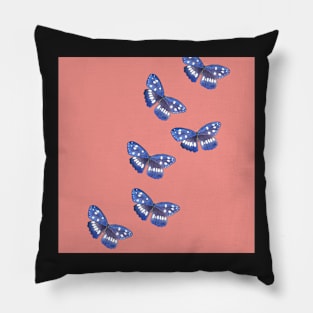 Blue Butterflies with coral pink background Pillow