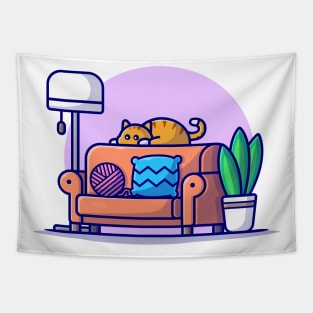 Cute Cat Sleeping On Sofa Cartoon Vector Icon Illustration Tapestry