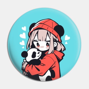 Cute Anime Girl Holding a Panda Pin
