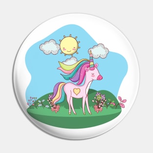 Cute Little Unicorn With Heart Standing In a Field On a Sunny Day Pin