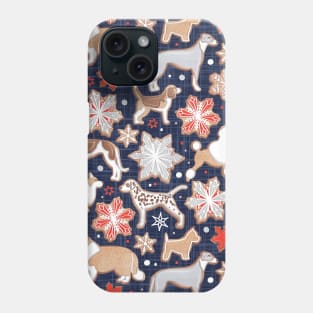 Catching ice and sweetness // pattern // navy blue background gingerbread white brown grey and dogs and snowflakes neon red details Phone Case