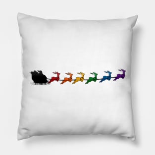 Santa and Sleigh with LGBTQ Pride Rainbow Reindeer Christmas Design Pillow