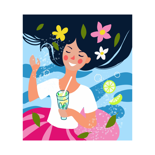 cartoon girl on the background of the sea drinks a mojito cocktail in summer cartoon girl on the background of the sea drinks a mojito cocktail in summer by sonaart