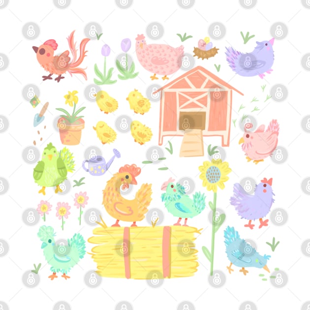 Pastel Spring Chickens and Flowers by narwhalwall