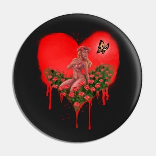 LOVE HEART with BUTTERFLY and ROSES - Graffiti Style (Red) Pin