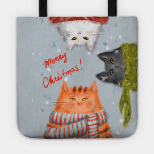 Merry Christmas greeting winter card with cute fluffy cats in red Santa hats and scarves. Tote