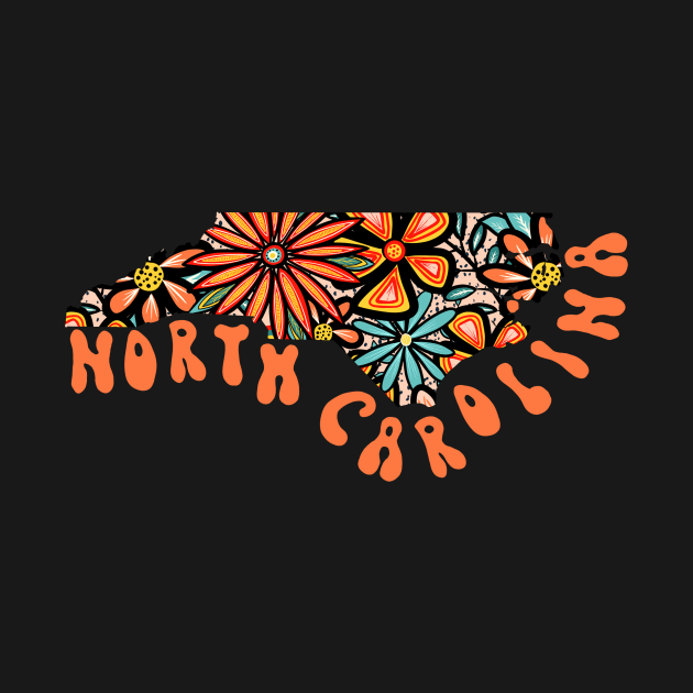 North Carolina State Design | Artist Designed Illustration Featuring North Carolina State Outline Filled With Retro Flowers with Retro Hand-Lettering by MarcyBrennanArt
