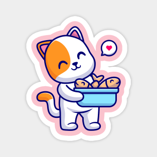 Cute Cat Bring Fish In Bucket Cartoon Magnet