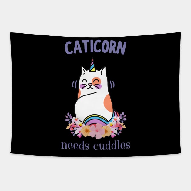 Caticorn Needs Cuddles Cute Unicorn Cat Fun Tapestry by Foxxy Merch