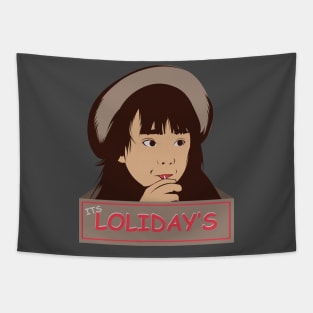 a cute little girl eat a lollipop in a lolidays Tapestry