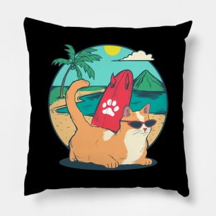 Summer Hawaii Beach Holiday Cat Surf Wave Coconut Vacation Pillow