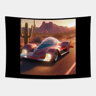 A Retro-Futuristic Racing Car Travelling Through The Arizona Desert At Dusk. Tapestry