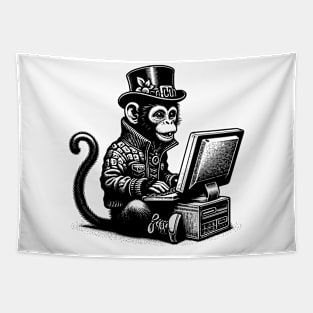 Punk Rock Goth monkey on Computer Vintage Style Tapestry