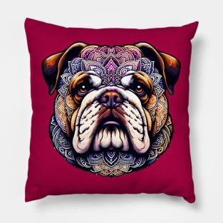 Intricate Bulldog Mandala: Canine Artwork Fusion Pillow