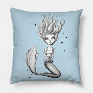 Miss Mermie and Her Pet Fish (Black and White Version) Pillow