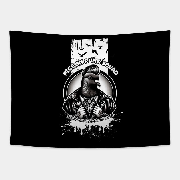 Pigeon Punk Squad: Feathered Road Rebels Tapestry by LollipopINC