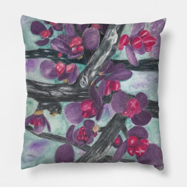 Barberry Shrub Spring Buds with Background Pillow by ConniSchaf
