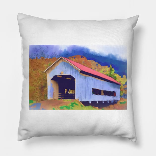 Covered Bridge With Red Roof Pillow by KirtTisdale