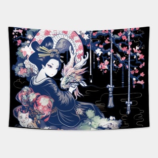 Japanese Girl With Dragon and Cats T-Shirt 04 Tapestry