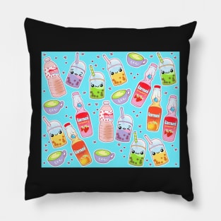 Colorful Kawaii Drinks on Bright Blue Pillow