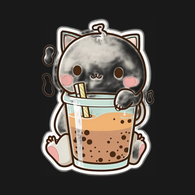 Cute Cat Drinking Bubble Tea Cartoon Boba Drawing by kiddo200