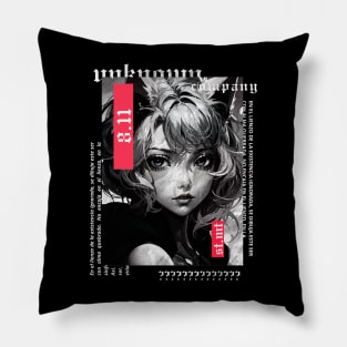 Short haired cat girl in black and white anime style | alternative gothic clothing | grunge | dark | japan Pillow