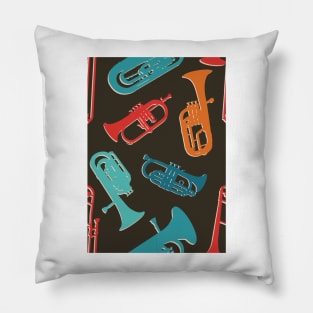 Retro Rainbow Brass Quintet on dark brown Pillow