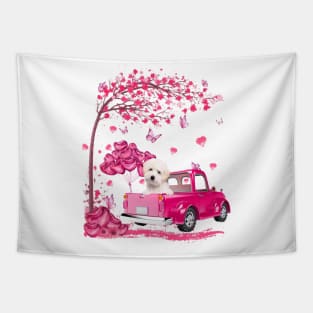 Valentine's Day Love Pickup Truck White Maltipoo Tapestry