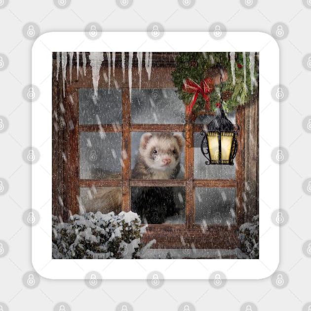 Ferrets Christmas art design. A Winter Day Indoors Ferret Magnet by BarbaraGlebska