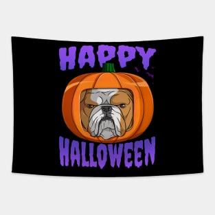 English Bulldog Pumpkin Head Happy Halloween Tapestry