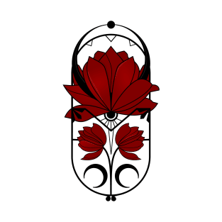 Red Lotus Flower Art Nouveau Tattoo Aestetics / No Background / Black T-Shirt