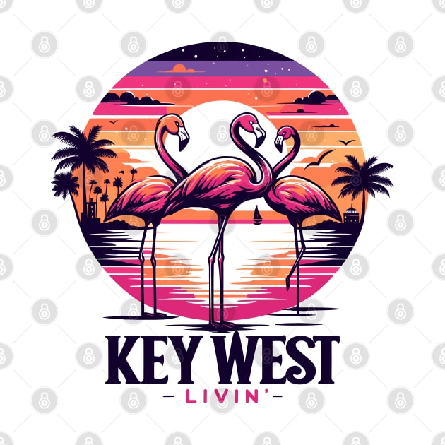 Key West Livin' - Tropical Flamingo Night Scene In Key West by eighttwentythreetees