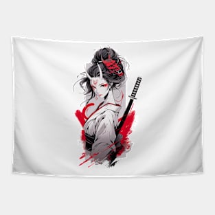 Beautiful girl with horns,  katana,Asian drawing Tapestry