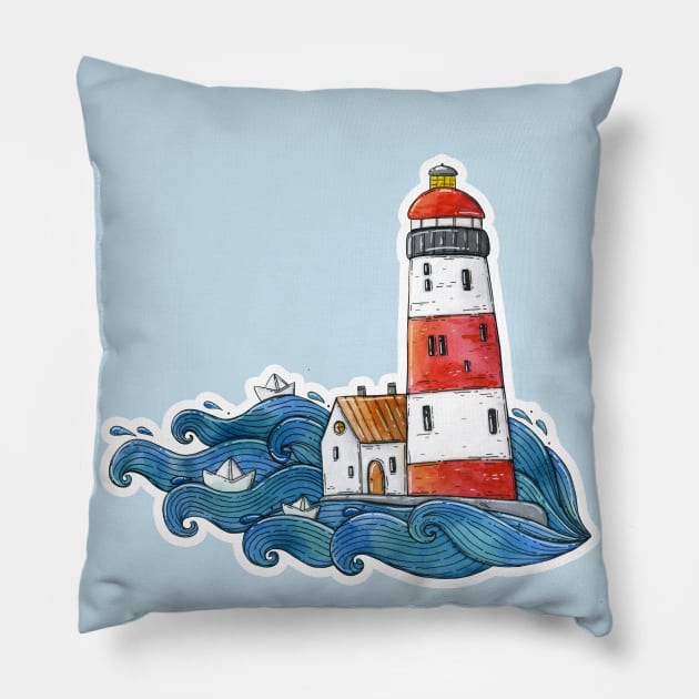 Lighthouse on waves Pillow by Tania Tania