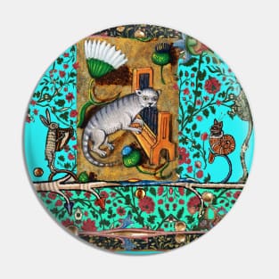 WEIRD MEDIEVAL BESTIARY MAKING MUSIC, Cat Playing Organ,Harpist Rabbit,Snail Cat in Teal Blue Pin