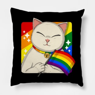 Cute Cat Holding LGBTQ Pride Flag Pillow