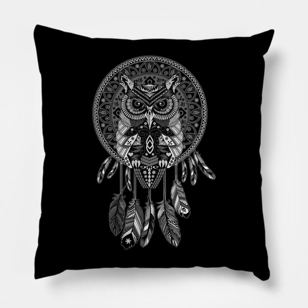 OwL Dream Catcher Black and White Pillow by Dezigner007