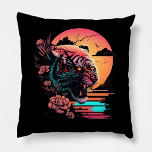 Tiger Head Retrowave Synthwave - 1980's Animal Print Pillow