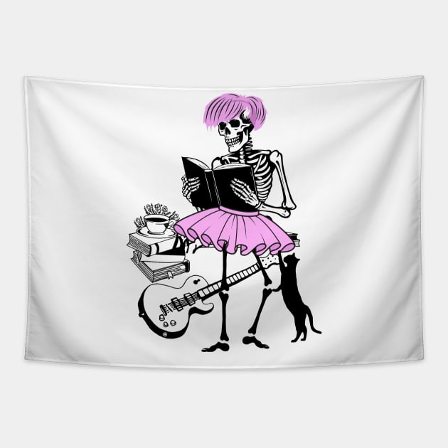 Coffee Books Cat Funny Halloween Skeleton Tapestry by Positive Designer